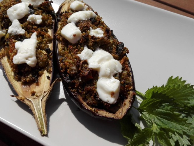 Baked eggplant stuffed with lentil couscous